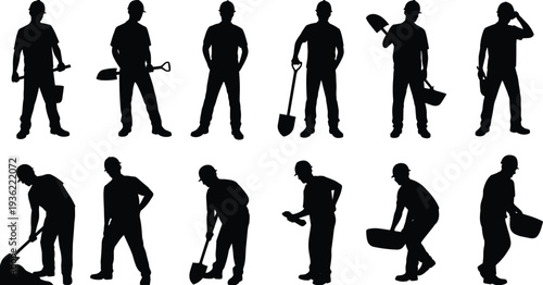Construction worker silhouettes with shovel set, professional builders digging and carrying tools isolated on white background vector illustration collection