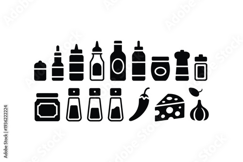 Spices icon set including bottles and jars for cooking and seasoning
