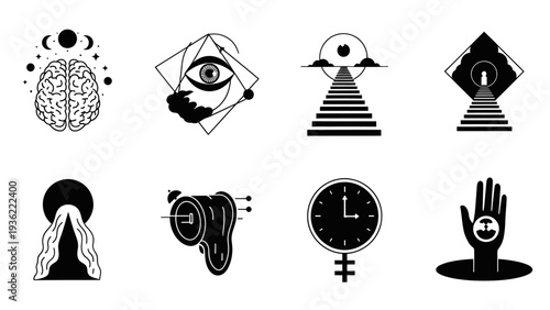 Set of eight surreal and mystical black and white illustrations.