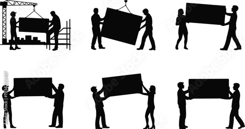 Construction workers carrying large panel silhouettes set, industrial laborers lifting heavy boards with crane and teamwork isolated on white background vector illustration