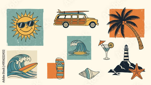 Vintage Summer Beach Vacation Elements Collection.
