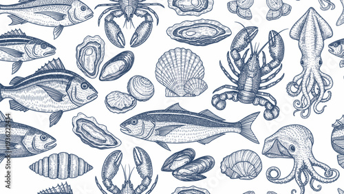 Seamless pattern with various seafood items like fish, crabs, and shellfish.