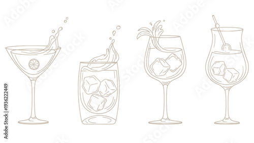 Set of four outline drawings of various cocktails with splashes and ice cubes.