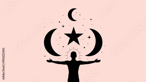 Silhouette of a person with celestial elements above.