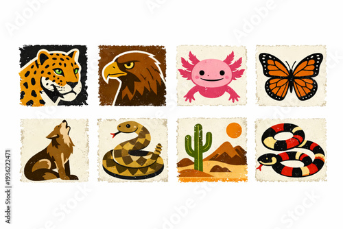 Mexican Wildlife Icon Set with Jaguar, Axolotl, Eagle, and Monarch Butterfly in Distressed Flat Vector Style
