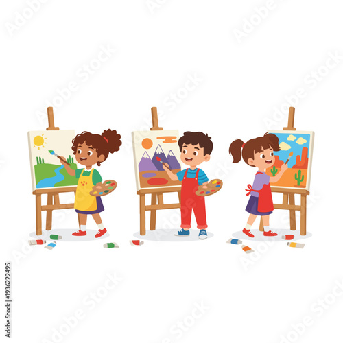 Three cheerful cartoon children, wearing aprons, are actively painting distinct landscape scenes on easels, surrounded by paint tubes and palettes.