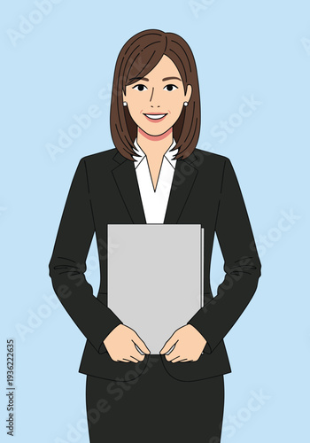 Confidently smiling businesswoman illustration in a suit holding a document