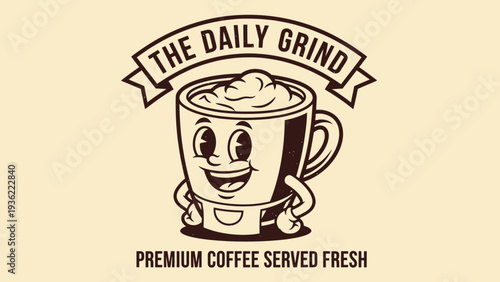 The Daily Grind Coffee Cup Character with Premium Coffee Served Fresh.