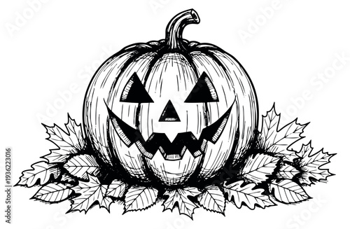 Jack-o-lantern icon with autumn leaves hand drawn outline illustration