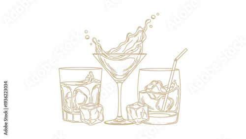 Three refreshing alcoholic beverages with ice and splashes, perfect for a party or celebration.