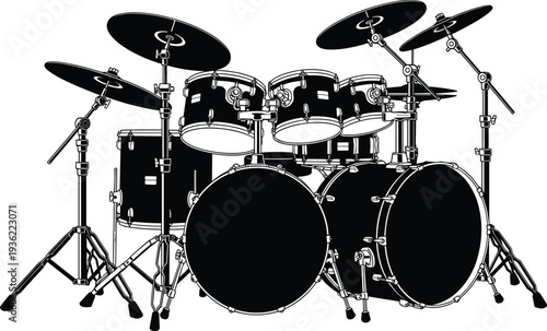 Professional Double Bass Drum Kit Illustration Detailed Musical Instrument Silhouette Vector Graphic for Rock Band Posters Jazz Music Design Elements Percussion Set Backdrop