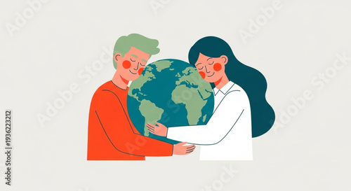 A man and woman embracing the planet Earth with care and love, symbolizing global unity and environmental protection for a sustainable future