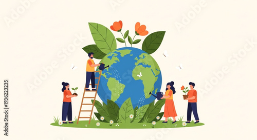 Collective efforts for environmental protection and a sustainable future, illustrating people actively planting and nurturing a greener Earth with care and global responsibility