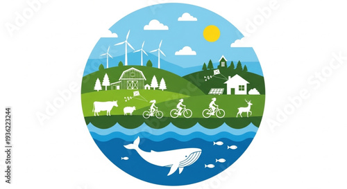 Earth Day Eco-friendly sustainable community with renewable energy, cycling, and diverse wildlife in harmony with nature and water