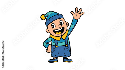 Cheerful cartoon boy character waving hello, smiling happily in a striped beanie and blue overalls, isolated on white background.