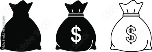 Set of Three Money Bag Icons with Dollar Sign Silhouette and Line Art Style Isolated on White Background for Finance Banking and Wealth Concepts