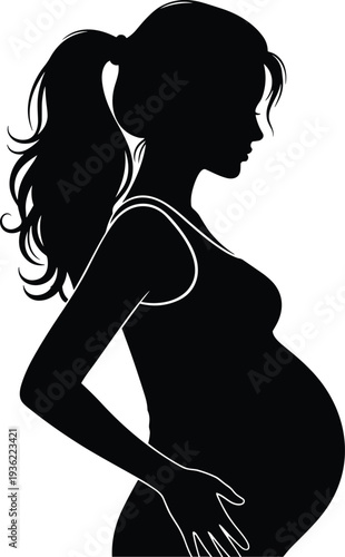 Silhouette of pregnant woman in profile view with ponytail, hands resting on belly, symbolizing motherhood, maternity, family love, anticipation, and maternal health themes.