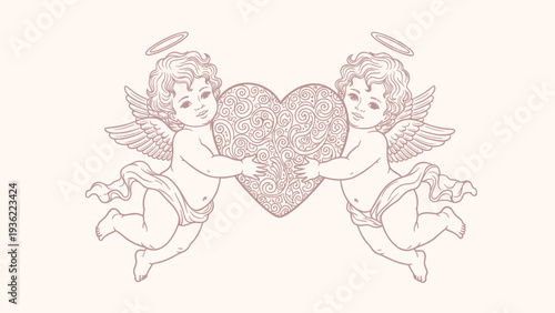 Two cherubs holding a heart, vintage style illustration.