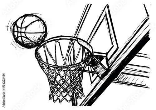 Basketball hoop and ball set with backboard hand drawn sketch