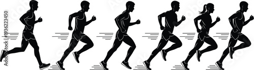 Six dynamic runner silhouettes in motion sequence, athletic figures with ponytail detail, fitness, sports, competition, physical activity, speed, health, and training concept design.