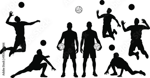 Professional Volleyball Player Silhouette Collection Featuring Athletes Spiking Serving and Diving Action Poses for Sports Competition Graphics Team Branding and Tournament Poster Design