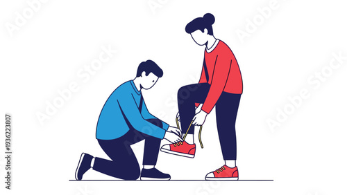Person Tying Another's Shoelace. Flat Vector Illustration of Assistance, Care, and Daily Life Support