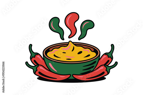 Chili peppers surround a steaming bowl of cheese dip illustration