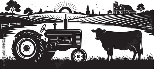 Rustic farm tractor and cow wall panel design featuring a countryside silhouette scene.