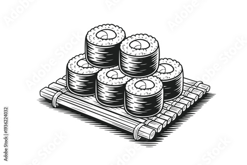 Sushi rolls on a bamboo sushi mat vector illustration