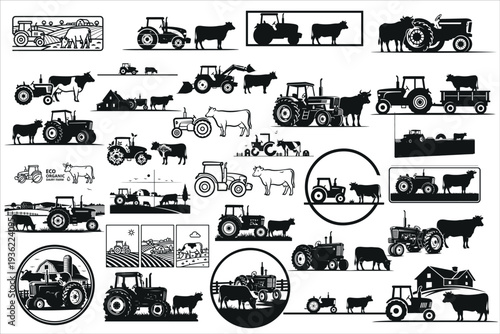 Rustic farm tractor and cow wall panel design featuring a countryside silhouette scene.