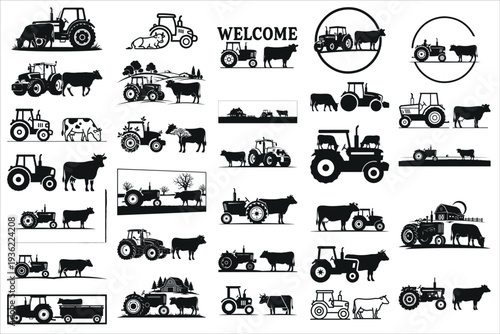Rustic farm tractor and cow wall panel design featuring a countryside silhouette scene.