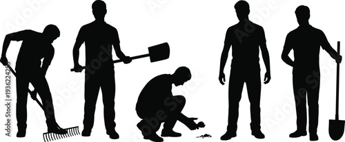 Gardener and manual worker silhouette collection, men with shovel and rake tools isolated on white background vector illustration