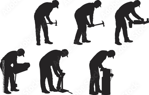 Industrial construction worker silhouettes set, laborer using hammer, cutter and heavy power tools in various working poses isolated on white background vector illustration