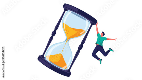Man Hanging Onto Giant Hourglass Symbolizing Time Management and Urgency