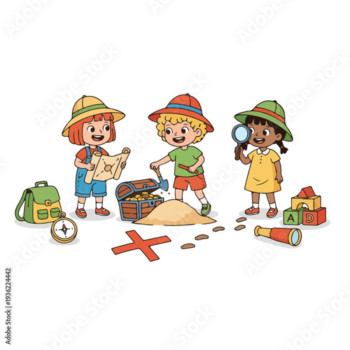 Three diverse children in explorer attire joyfully engage in a treasure hunt, digging for gold, reading a map, and examining clues with a magnifying glass.