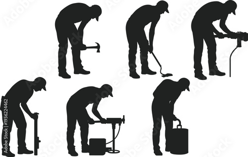 Industrial worker silhouettes set, construction laborers using hammer, drill and tools in various poses isolated on white background, vector illustration for maintenance concept