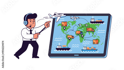 Logistics Manager Explaining Global Shipping Routes on a Digital Map Display