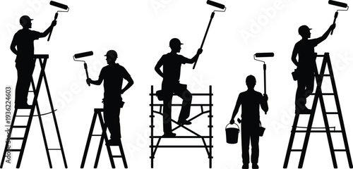 Painter worker silhouettes on ladder and scaffold holding paint roller and bucket, professional wall renovation service vector illustration collection