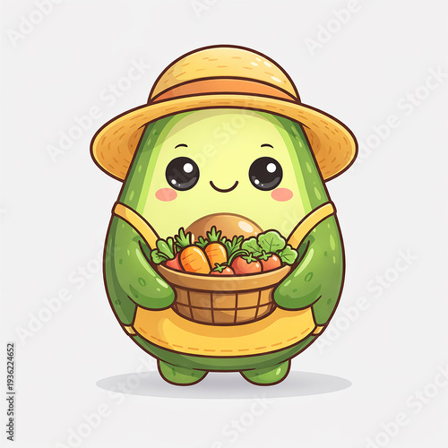 Cute Avocado Gardener Mascot Holding Vegetable Basket Kawaii Food Character Illustration