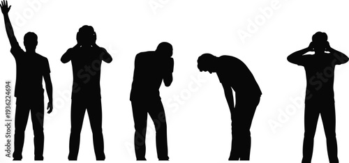 Man silhouette set expressing stress, headache and exhaustion in different poses, human emotion and mental health concept vector illustration isolated on white background