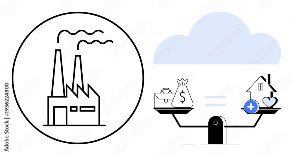Fototapeta premium Economic balance concept. Economic balance with a factory, wealth, housing, and health symbols. Economic balance highlights sustainability and growth. For business, finance, sustainability economy