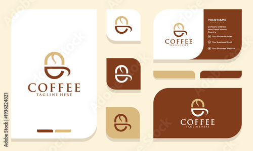 Elegant Coffee Cup Logo Design with Business Card Mockup Branding in Brown and Cream Tones