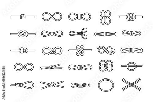 Rope knots vector illustration set with various tying techniques shown