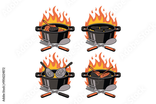 Pots vector illustration of cooking pots on fire with utensils
