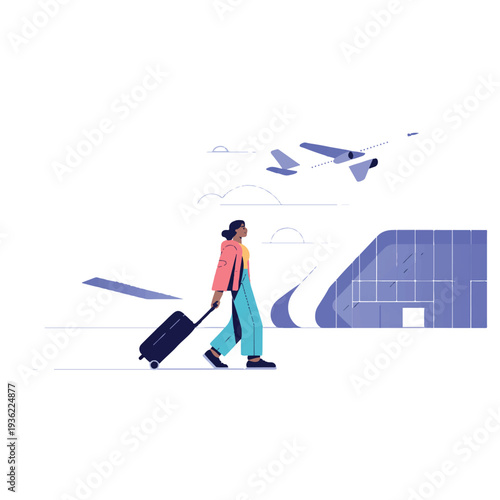 Young woman traveling alone at airport with luggage and airplane in background