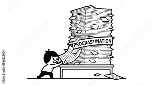 Overwhelmed Person Struggling with Massive Stack of Paperwork and Procrastination