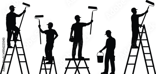 Painter worker silhouettes on ladders holding paint roller and bucket, professional wall renovation and decorating service vector illustration set
