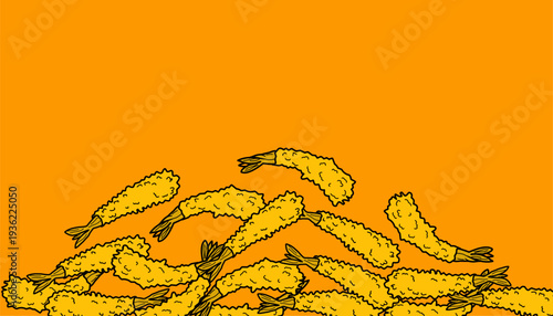 Shrimp Tempura Pattern. Frame Fried Seafood Background. Crispy Japanese Snack Illustration. Hand Drawn Doodle Style. Food Packaging Texture Design.