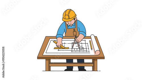 Cartoon architect or engineer working on blueprints with drafting tools at a table, professional design and construction concept
