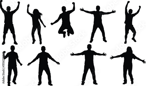 Black silhouettes of people in dynamic poses, vector illustration showcasing movement, jumping, stretching, expressive gestures, active human body design